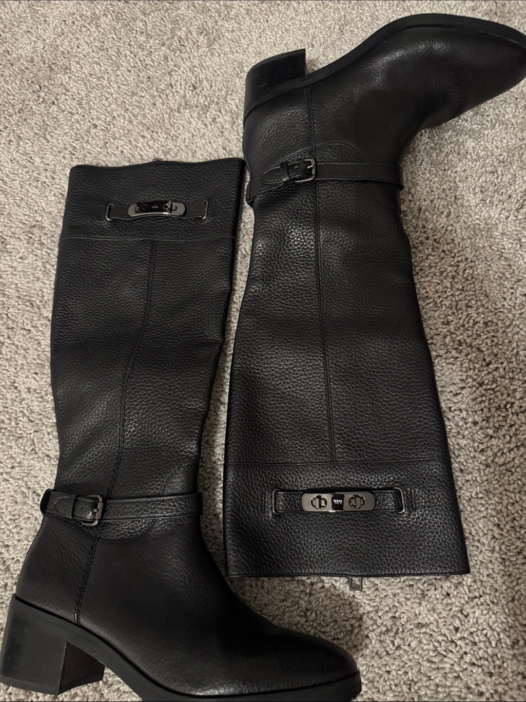 Coach Black Leather Knee-High Buckle Boots